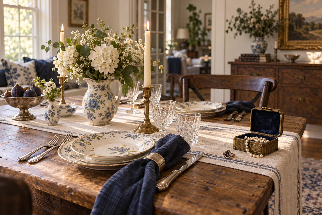 Vintage china, heirloom jewelry and home décor arranged on a dining table